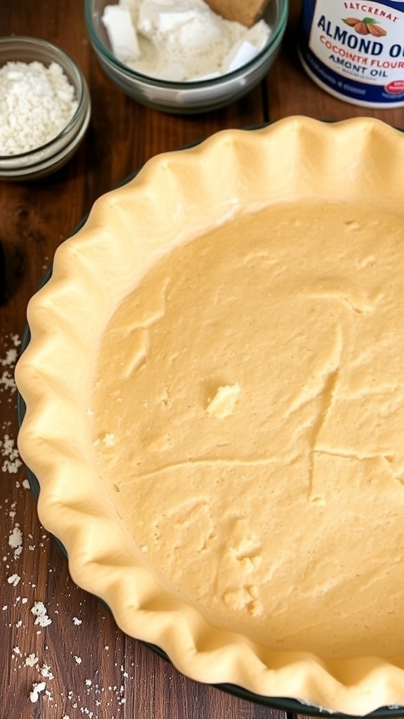 Golden brown gluten-free pie crust in a rustic kitchen setting.